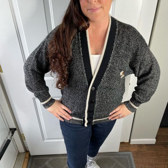 Vintage Sweater Lightning Bolt Patch Black Tan Grandpa Cardigan Size Small - Picture 10 of 12